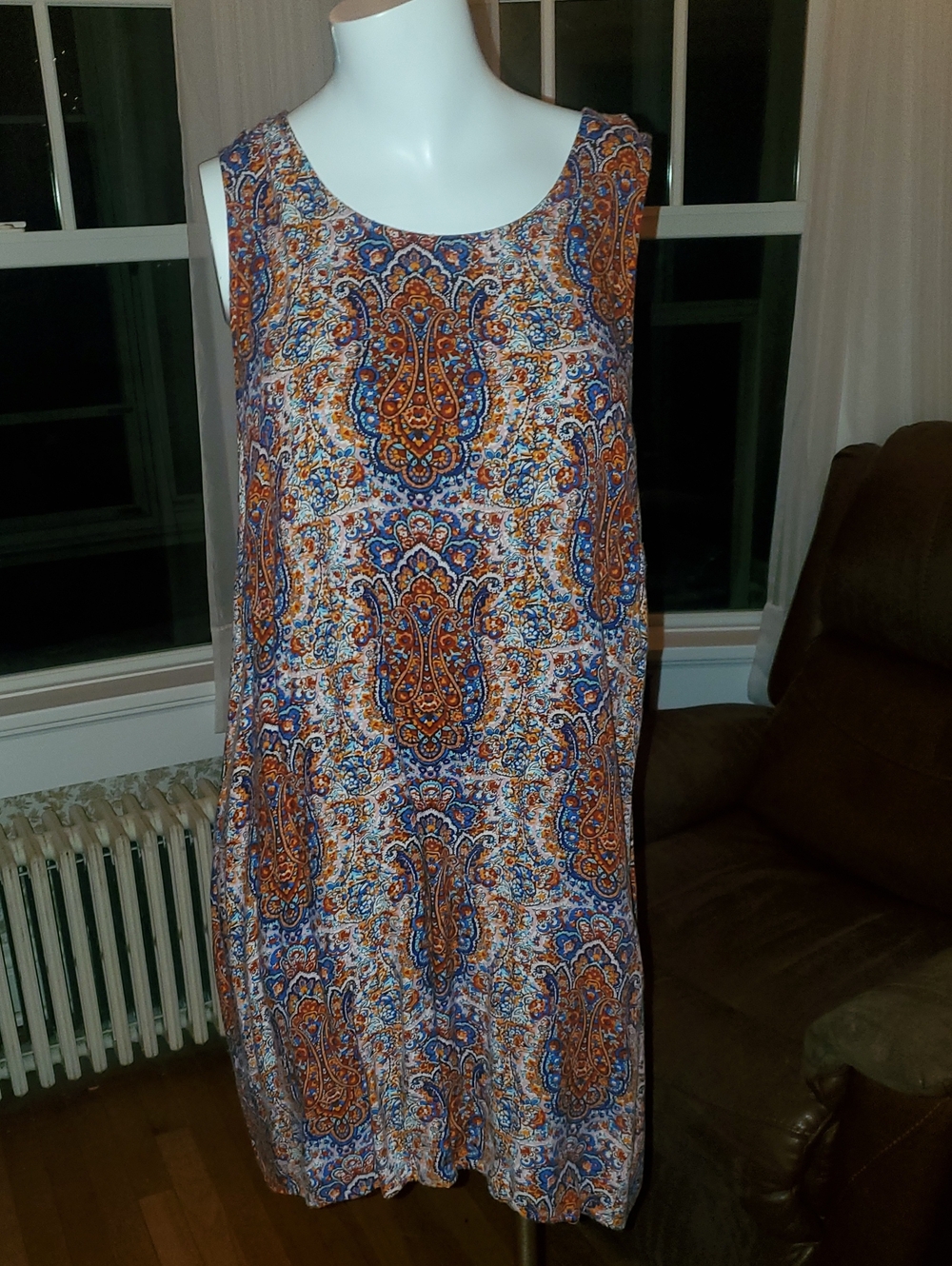 Sleeveless Paisley Print Shift Dress in Blue & Orange